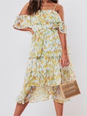 Missguided Yellow Floral High-Low Off-Shoulder Tiered Dress